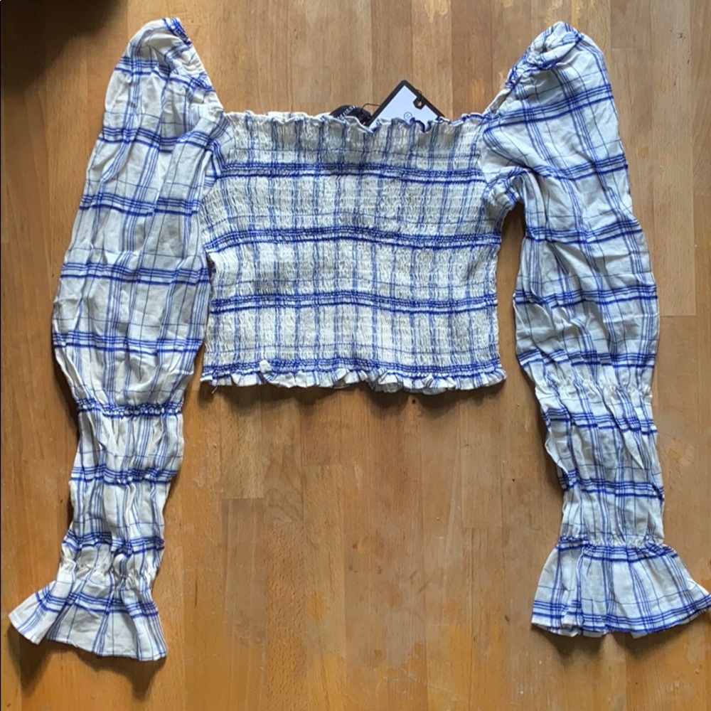 Gauzy Plaid Peasant Top